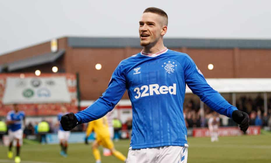 Ryan Kent celebrates his second, and Rangers’ third, in the 3-1 win at Hamilton.