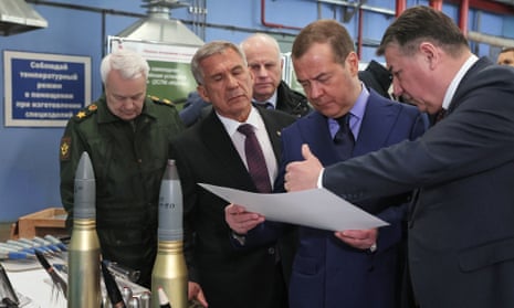 Deputy head of Russia’s Security Council Dmitry Medvedev visits a weapons factory in Tatarstan in March.