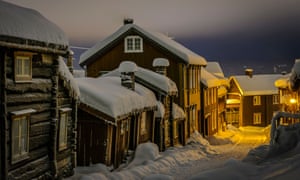 View of Sleggveien at UNESCO world heritage site Roros, Norway in winter.