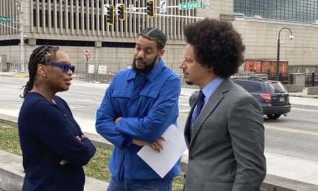 Clayton English and Eric André outside the federal courthouse in Atlanta on Tuesday.