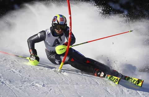 Italy’s Stefano Gross speeds down the course during the men’s World Cup slalom, in Kitzbuehel, Austria