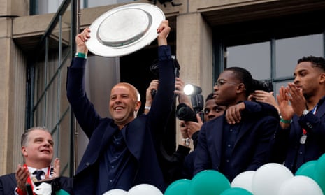 Feyenoord coach Arne Slot celebrates at Rotterdam town hall after winning the Dutch league