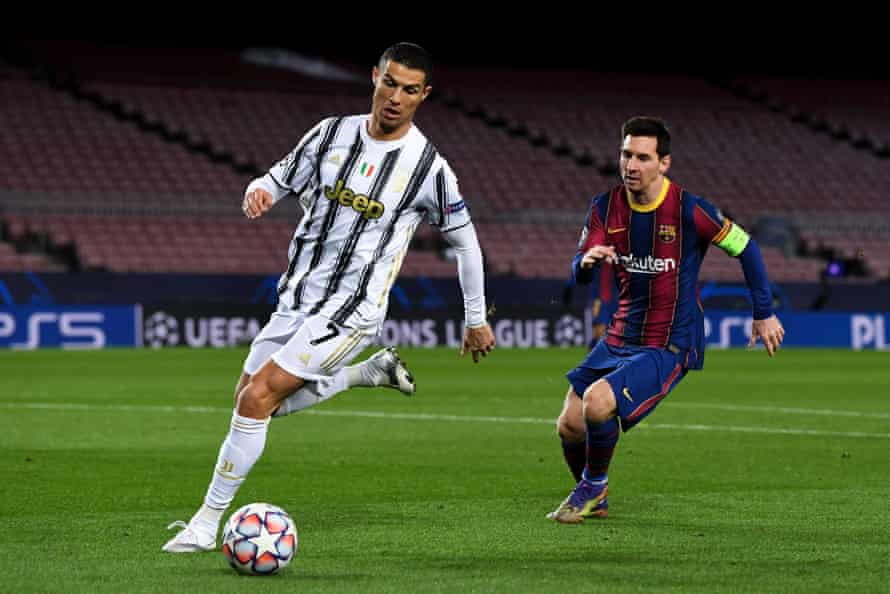 Messi chases down Ronaldo during Juventus’s 3-0 win at Barcelona in December that clinched the Italian side a place in the Champions League knockout phase.