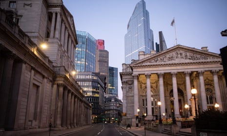 Threadneedle Street in front of the Bank of England and the Royal Exchange