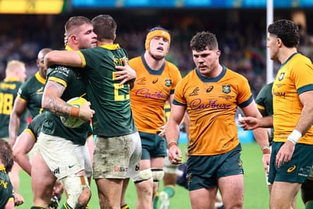 South Africa's Malcolm Marx is congratulated by Handré Pollard