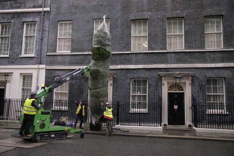 The Downing Street Christmas tree being installed.