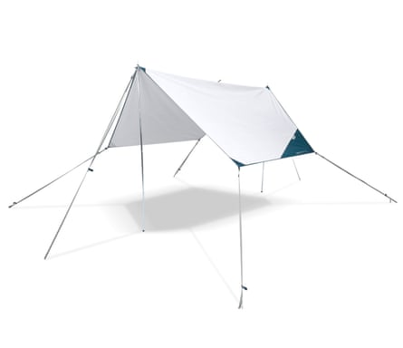 An erected white tarp camping shelter