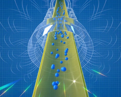 An illustration showing blue spherical particles within a yellow cylindrical pathway surrounded by the outline of a circular frame