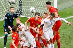 Wales defend a Danish corner.