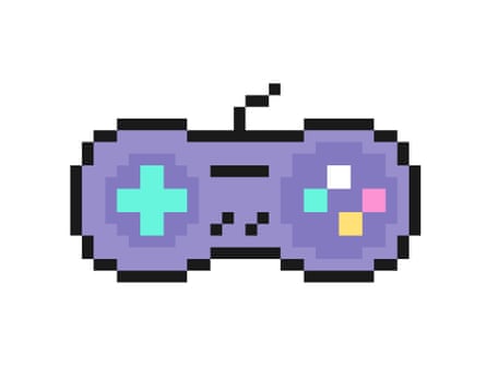 Pixel art illustration of a purple game controller with coloured buttons and a cross pad