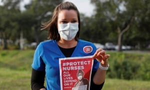 Registered Nurse Jennifer Volpe joins other nurses from three healthcare facilities to protest about how Florida is handling the Covid-19 crisis
