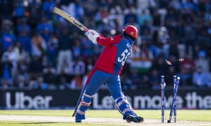 Aftab Alam of Afghanistan is bowled by Mohammed Shami of India.