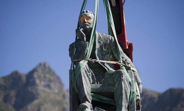 The defaced University of Cape Town statue of Cecil Rhodes before its removal in April 2015.