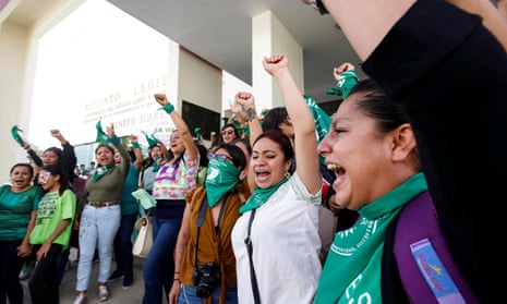 Pro-choice demonstrators celebrate after lawmakers passed legislation that decriminalizes abortion, outside the local congress in Oaxaca, Mexico Thursday.