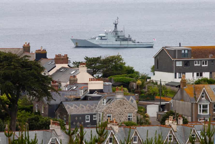 A Navy ship off the coast of St Ives, Cornwall, before the G7 Summit.