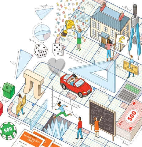 Illustration of a street grid town with people and houses and lots of maths symbols – a protractor, dice, a stack of money – dotted around