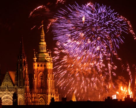 Fireworks explode over St. Vitus cathedral at Prague Castle to mark the European Union's enlargement at midnight in May 2004.