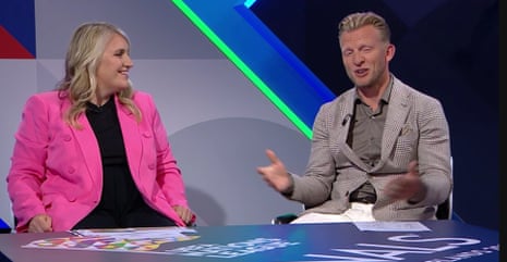 emma hayes in a pink jacket, dirk kuyt in a prince of wales check jacket