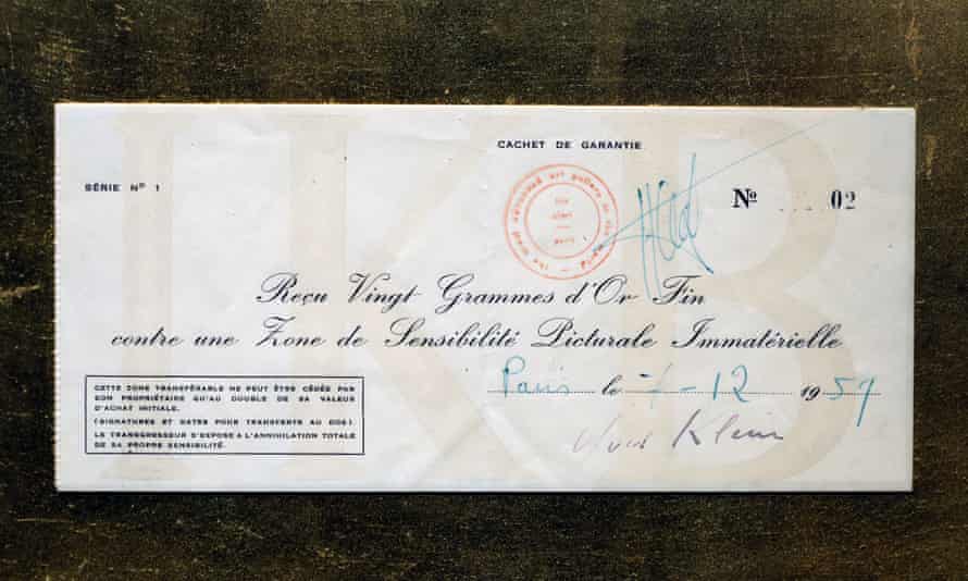 A receipt to Jacques Kugel By Yves Klein for Zones of Immaterial Pictorial Sensibility Serie n°1, Zone n°02.