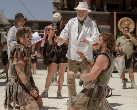 Ridley Scott and crew with actors dressed as gladiators
