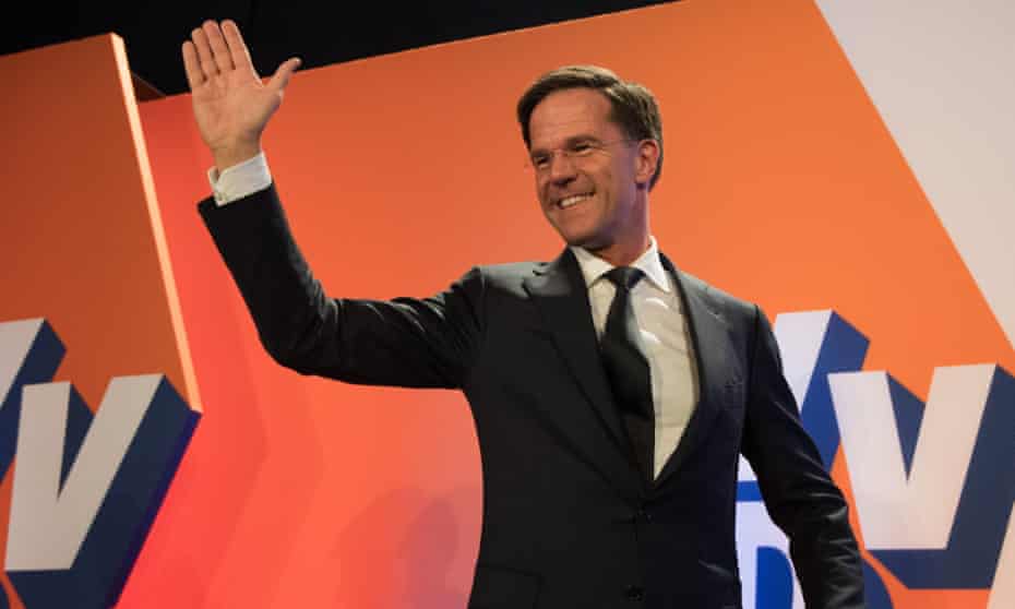 Mark Rutte makes a speech after exit polls indicated his party would take the largest number of seats in the Dutch parliament