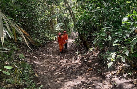 Rescuers carrying equipment through forest