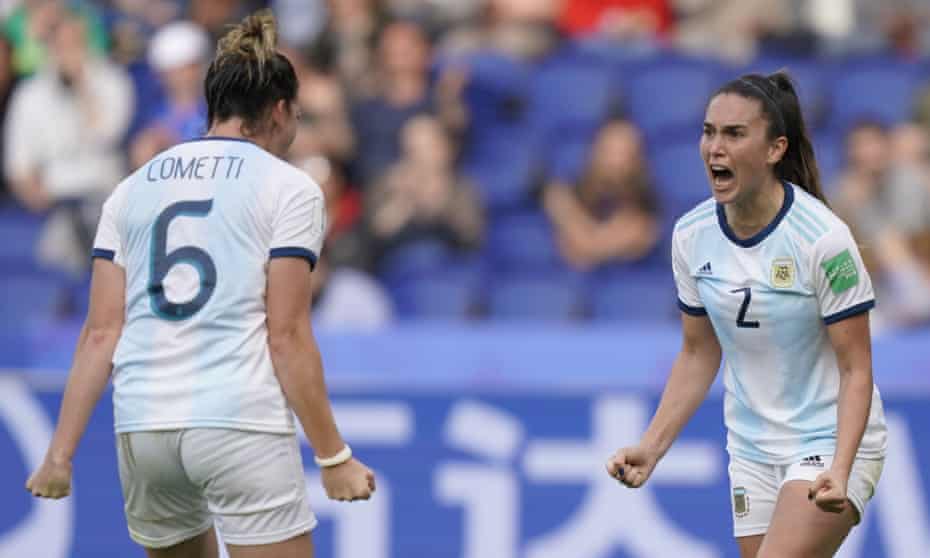 Argentina’s defender Agustina Barroso (R) celebrates with Aldana Cometti at the end of the match.
