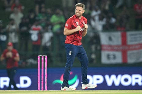 England's Liam Dawson celebrates after taking the wicket of Pakistan's Usman Khan.