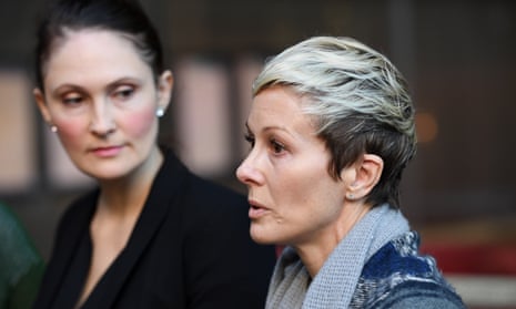 Joanne Maninon, right, a member of the class action against Johnson &amp; Johnson, and lawyer Rebecca Jancauskas, address the media outside the federal court in Sydney on Tuesday.