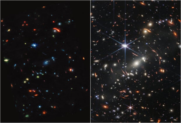 Galaxy cluster SMACS 0723 from Webb's First Deep Field, the first infrared image from NASA's James Webb Space Telescope, shows dust levels in galaxies highlighted in blue, red and green.
