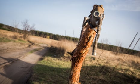 A gas mask on a tree near Kreminna in Ukraine’s eastern Luhansk oblast.