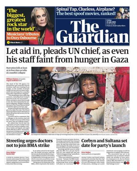 Guardian front page, Friday 25 July 2025