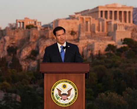 Marco Rubio speaks at the Pnyx hill, where ancient Athenians held democratic assemblies, in Athens, Greece, 7 October 2026.