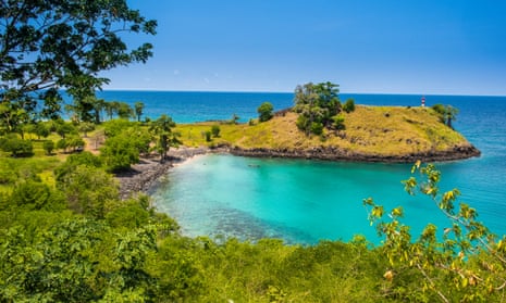 Island in the sun: the turquoise waters of Lagoa Azul in northern São Tomé e Principe, Africa.
