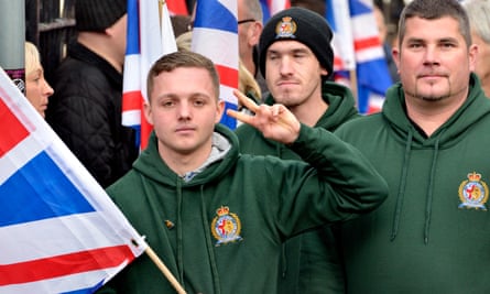 Britain First supporters march in Rochester, Kent.