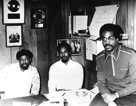 Architects of the Philadelphia sound … Bell, centre, with Leon Huff, left, and Kenny Gamble, right, in 1973.