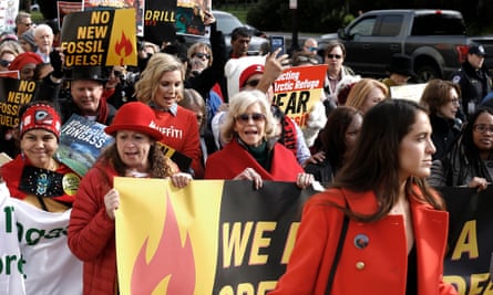 Abigail Disney, June Diane Raphael and Jane Fonda demonstrate outside the Russell US Senate office building during Fire Drill Friday in November.