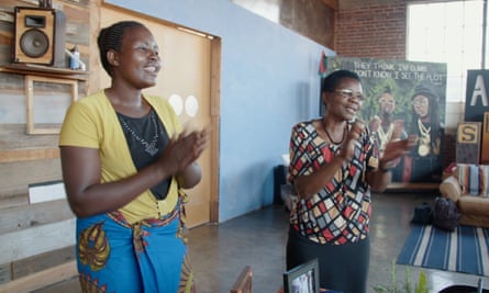Still from the documentary The Ants and The Grasshopper showing Anita Chitaya on the left, and Esther Lupafya, on the right.