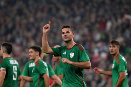 The Athletic Bilbao forward Gorka Guruzeta celebrates the second goal for the home side.