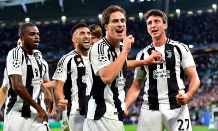 Kenan Yildiz (centre) celebrates his opening goal – the first in the new Champions League format.