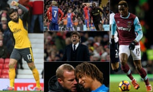 Clockwise from top: Yaya Touré celebrates his second goal; West Ham’s Diafra Sakho; Bournemouth’s Nathan Ake celebrates with coach Simon Weatherstone; Olivier Giroud after his equaliser for Arsenal; and centre, a happy Antonio Conte.