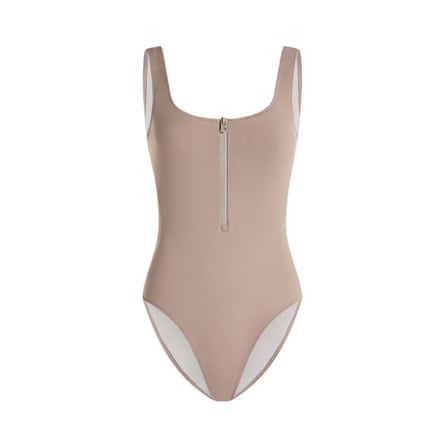 Beige zip front swimsuit