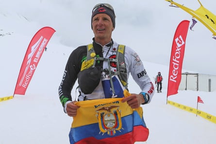Extreme runner Karl Egloff of Ecuador after winning a race to the western summit of Mount Elbrus in Russia.