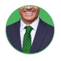Smiling man in green tie cut-out inside green-rimmed circle