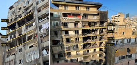 Photos of a damage apartment block from the front and the rear