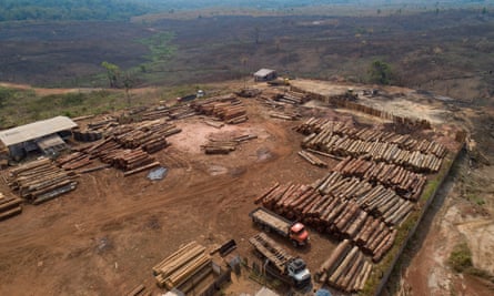A lumber mill surrounded by recently charred and deforested fields near Porto Velho, Brazil, in 2019