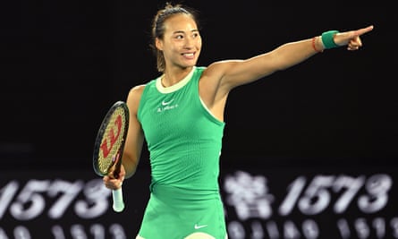 Zheng Qinwen celebrates winning match point during her quarterfinal match against Anna Kalinskaya.