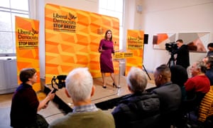 Jo Swinson giving a speech on Boris Johnson this morning in London.