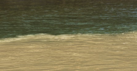 A river with a line where blue water meets brown water