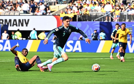 Ecuador's Joel Ordonez fouls Germany's Kai Havertz to concede a penalty, before it is overturned after a VAR review.